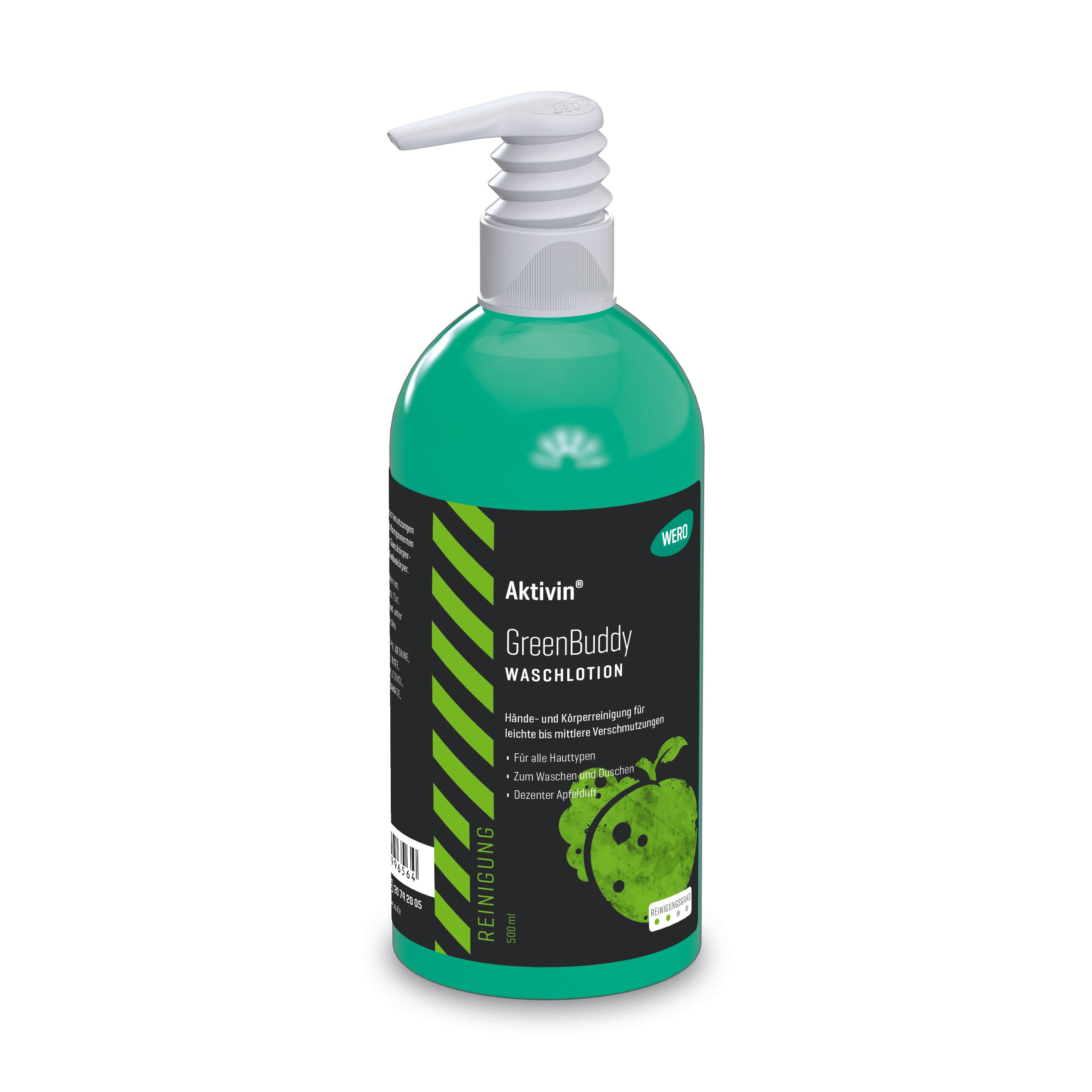 Grüne Flasche mit weißem Pumpkopf. Aufkleber mit Produktnamen und Apfel-Illustration. Text: Aktivin GreenBuddy Waschlotion.