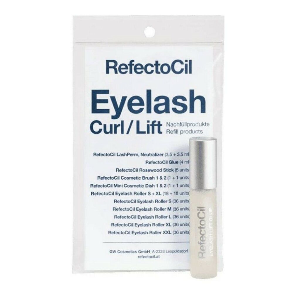 RefectoCil Eyelash Curl/Lift Nachfüllprodukte in transparenter Verpackung. Enthält Flasche mit Kleber und Zubehör.