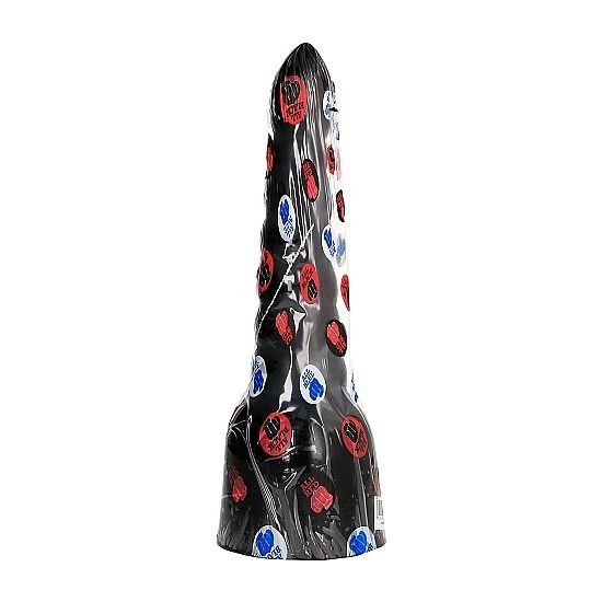 Schwarzer Dildo in transparenter Verpackung. Mit roten, blauen und weißen Aufklebern.