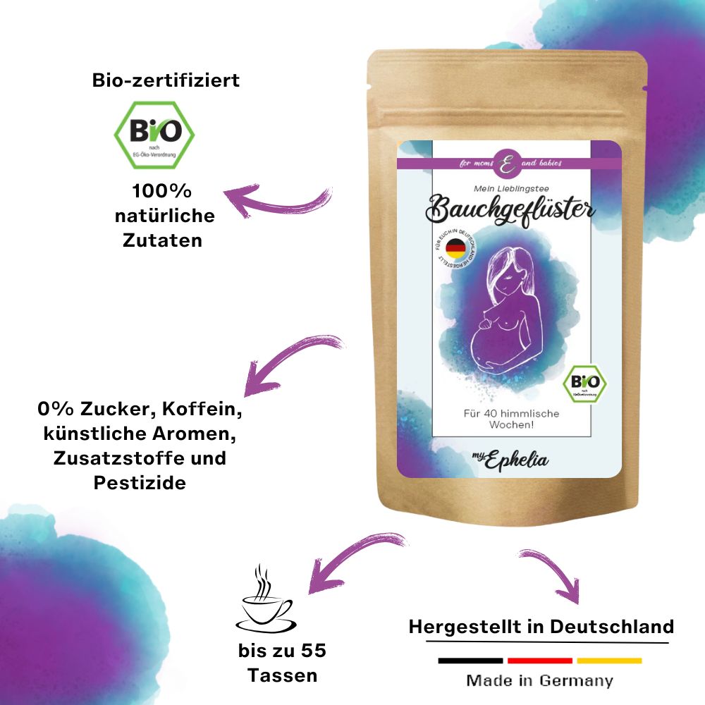 Produktinformationen. Text: Bio-zertifiziert, 100% natürliche Zutaten, 0% Zucker, Koffein, künstliche Aromen. Teebeutel, Tasse.