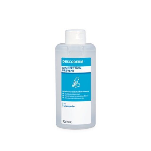 Transparente Flasche mit weißem Deckel. Aufkleber mit blauer Fläche und Text: DESCODERM, DISINFECTION PREVENT. 500ml.