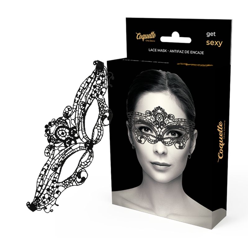 Coquette Spitzen-Augenmaske und Verpackung. Schwarzer Karton mit Produktbild. Maske teilweise sichtbar.