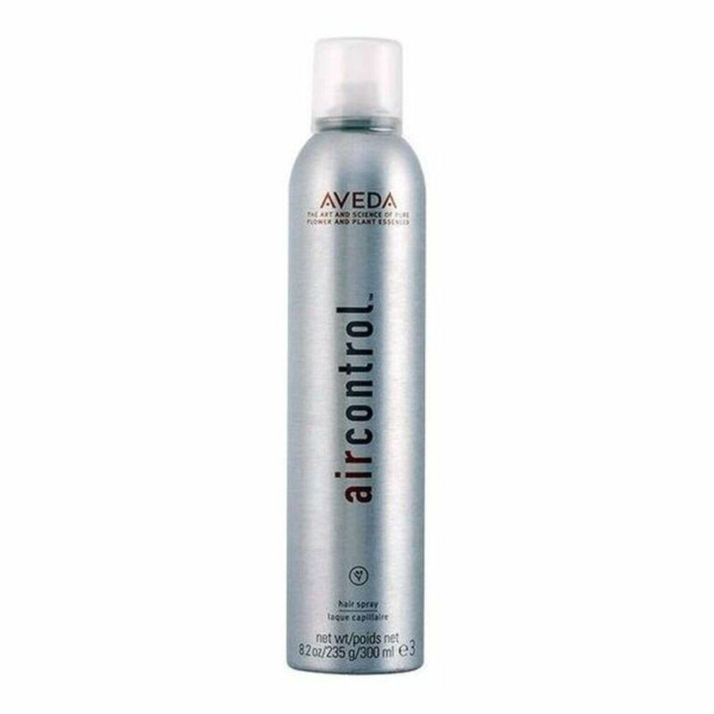 Silberne Haarspray-Dose mit weißem Deckel. Aufschrift: Aveda, air control. Text: hair spray, laque capillaire, net wt/poids net 8.2 oz/235 g/300 ml e.
