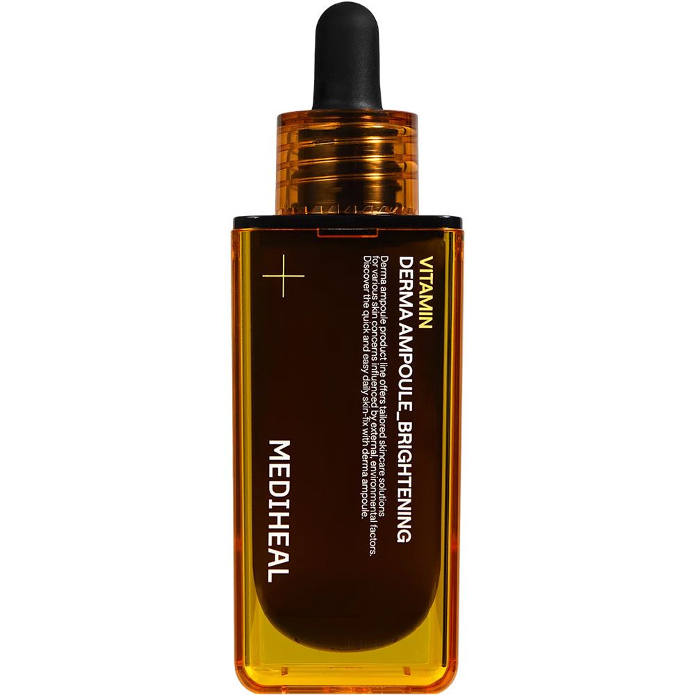 Braune, rechteckige Flasche mit gelbem Rand und schwarzem Tropfer. Aufschrift: Vitamin Derma Ampoule Brightening, MEDIHEAL.