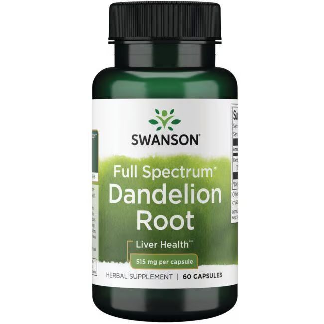 Grüne Flasche mit schwarzem Deckel. Aufschrift: SWANSON, Löwenzahnwurzel, 515 mg pro Kapsel, 60 Kapseln.