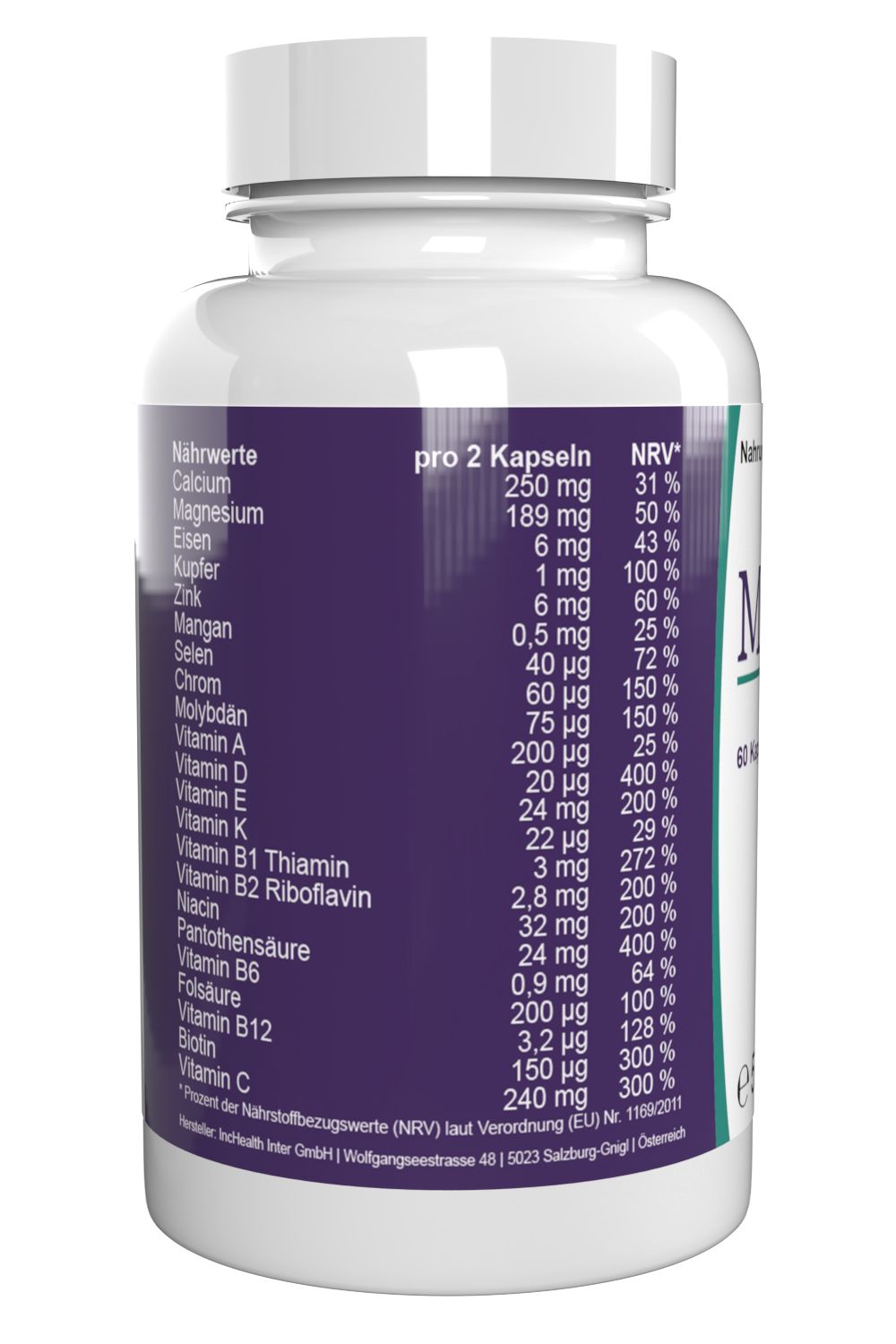 Weiße Flasche mit Metonil-Etikett. Enthält 60 Kapseln. Nährwerttabelle mit Vitaminen und Mineralien.
