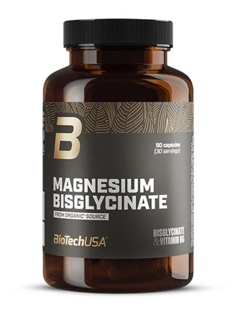 Braune Flasche mit schwarzem Deckel. Etikett mit "Magnesium Bisglycinate" und "BioTechUSA" Logo. 90 Kapseln.