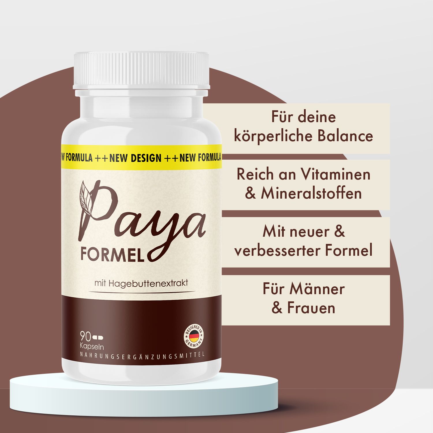 Weiße Kapsel-Flasche mit Aufschrift Paya Formel. Text: Für deine körperliche Balance, reich an Vitaminen & Mineralstoffen, mit neuer Formel.