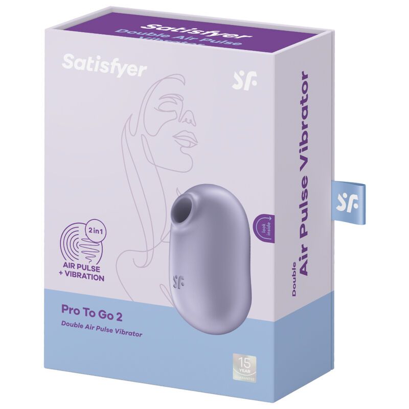Verpackung des Satisfyer Pro To Go 2, geöffnet, mit lila Vibrator.