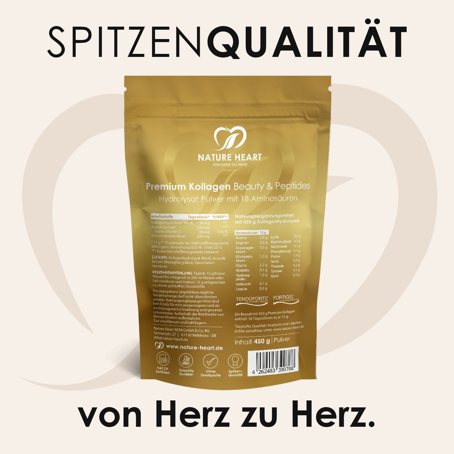 Rückseite einer goldenen 'Nature Heart Premium Kollagen' Verpackung mit Nährwertangaben.