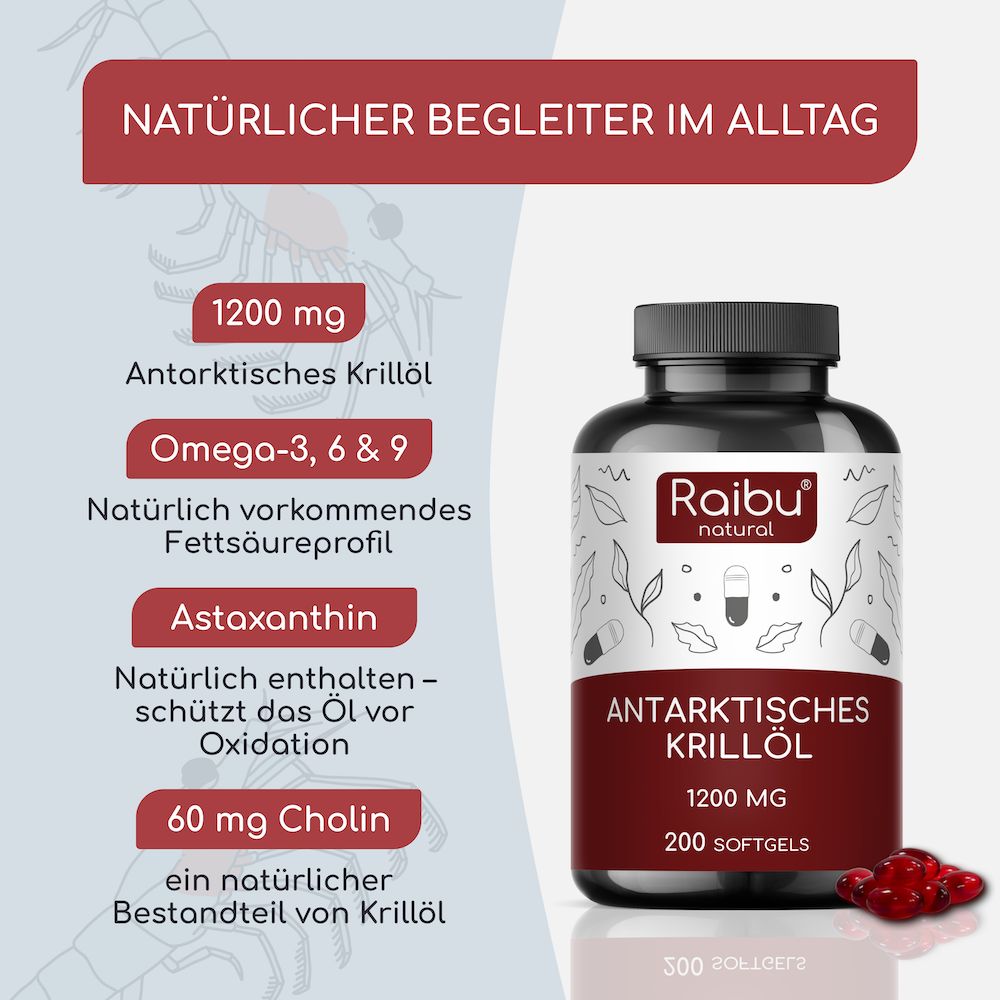 Braune Flasche mit Kapseln. Text: Antarktisches Krillöl, 1200 mg, 200 Softgels. Enthält Omega-3, -6, -9 und Astaxanthin.