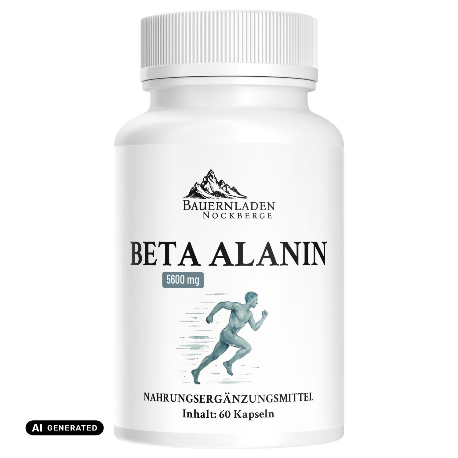 Beta Alanin Kapseln mit 5600 mg. Nahrungsergänzungsmittel in weißer Dose mit 60 Kapseln.