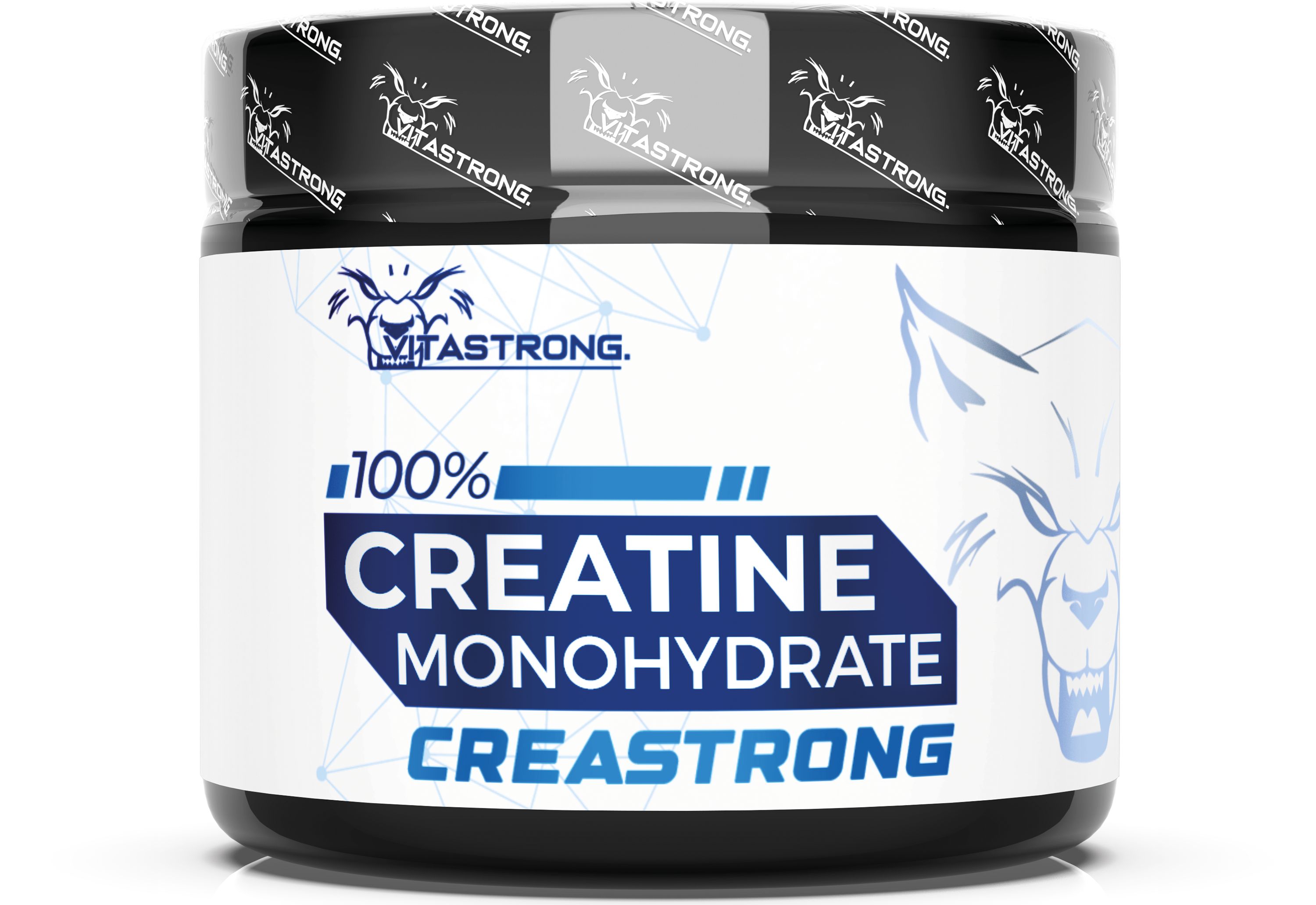 Vitastrong Creatin Creastrong Dose mit Wolfskopf-Logo und Produktinformationen.