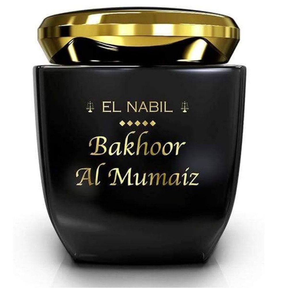 Schwarzer Behälter mit goldfarbenem Deckel. Aufschrift "EL NABIL Bakhoor Al Mumaiz" in Gold. Quadratische Form mit abgerundeten Ecken.