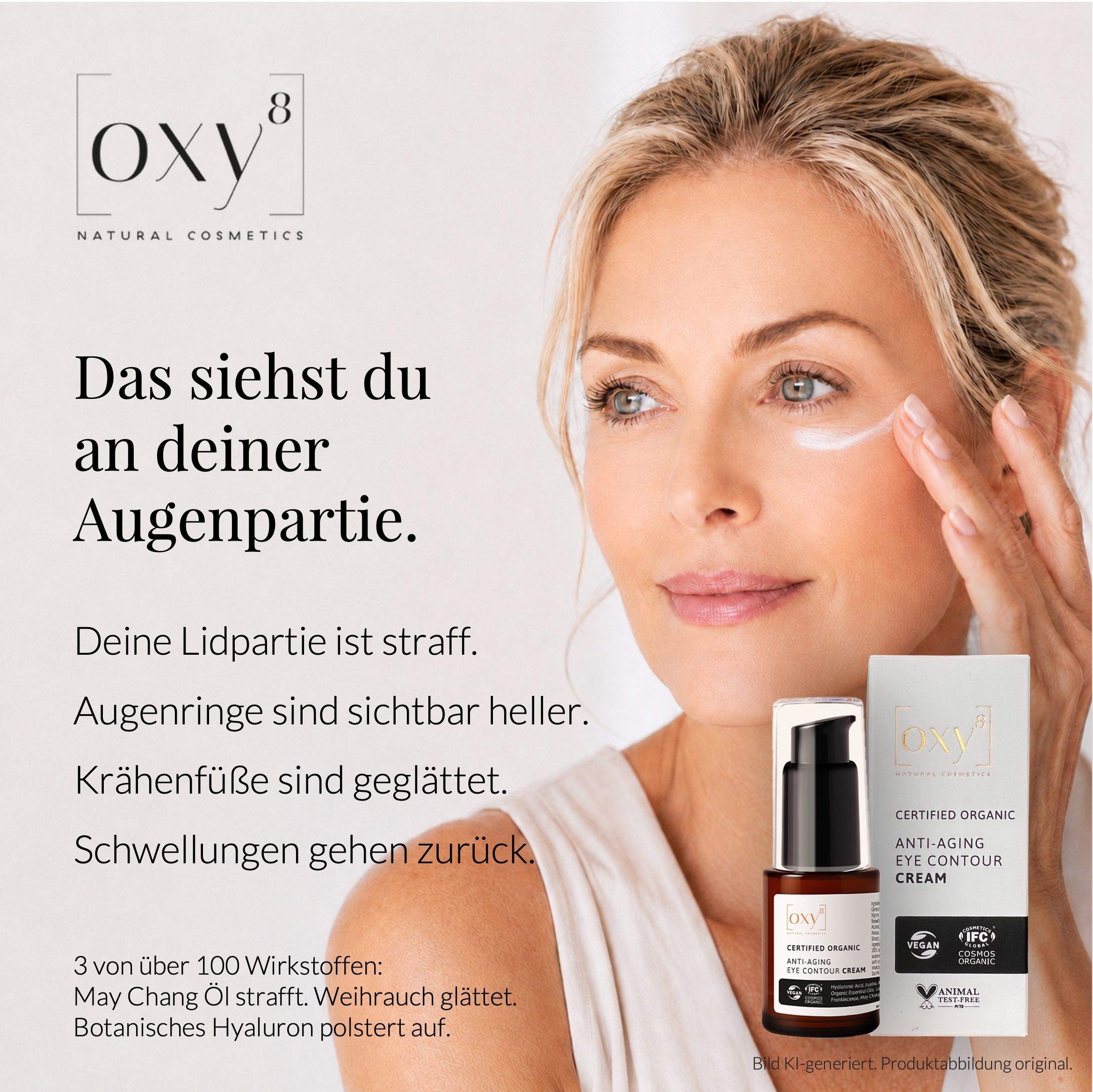 Frau trägt Augencreme auf, OXY8 Logo und Produkt.