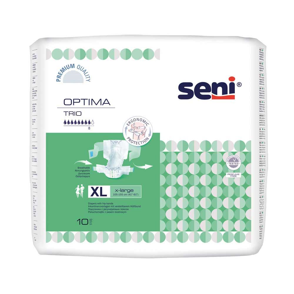 Verpackung Seni Optima Trio XL. Grün-weiße Verpackung mit Produktabbildung und Größenangabe XL. Marke Seni.