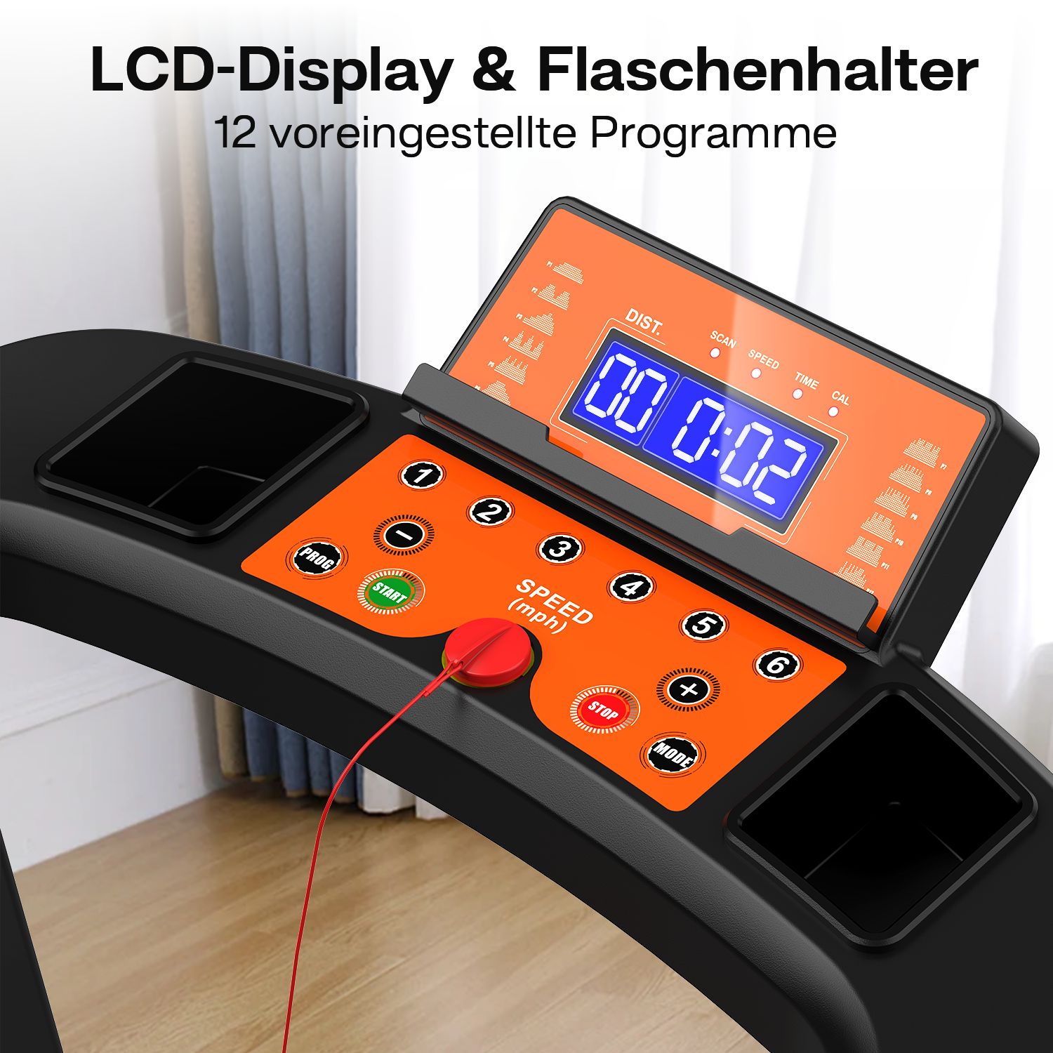 Schwarzes Laufband mit Handläufen. Bedienfeld mit Display und Tasten. Text: LCD-Display & Flaschenhalter, 12 voreingestellte Programme.