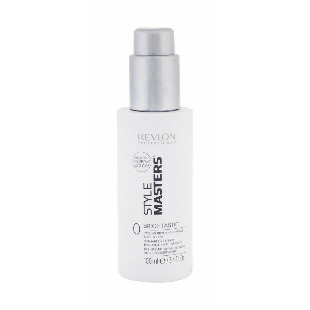 Weiße Flasche mit silbernem Pumpkopf. Beschriftung: Revlon Style Masters, Brightastic, 100ml/3.4 fl oz.