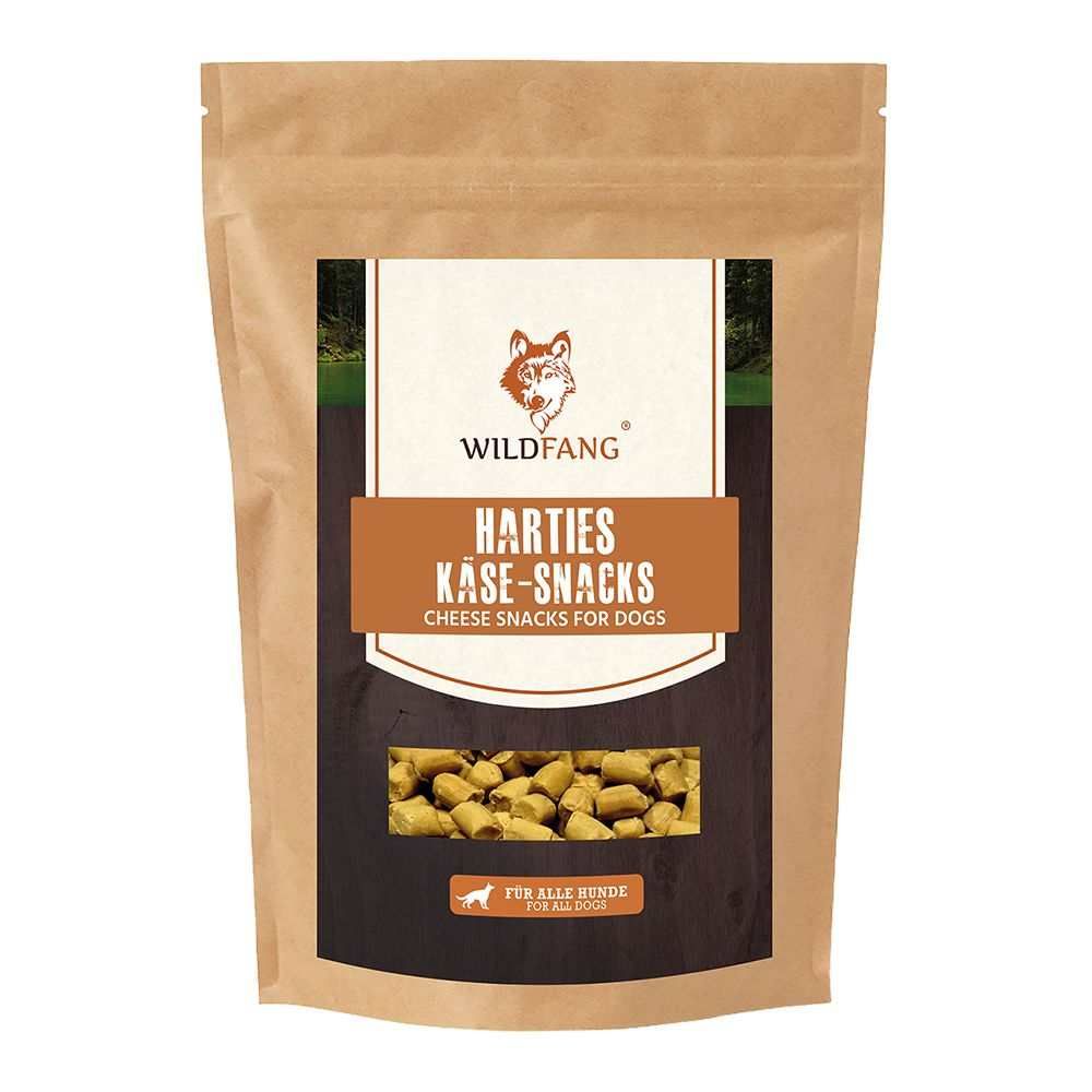 Beutel mit Käsesnacks für Hunde. Braune Verpackung mit Fenster. Aufschrift: Harties Käse-Snacks, Cheese snacks for dogs.
