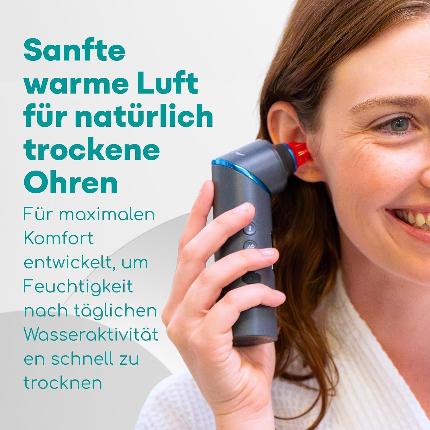Ohr-Trockner mit digitalem Display, zwei Luftstrom- und drei Temperaturstufen.