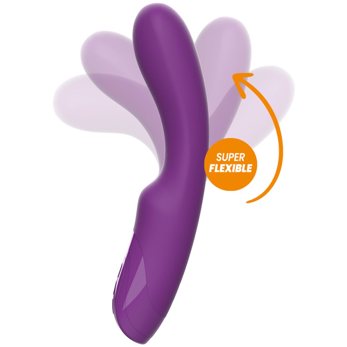 Lila Vibrator mit abgerundeter Form, flexibel. Text: SUPER FLEXIBEL. Pfeil zeigt Flexibilität an.