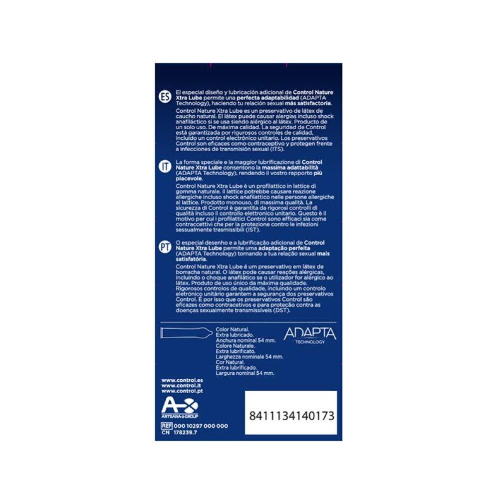 Packung Control Nature Xtra Lube Kondome, 12 Stück. Blaue Packung mit Wassertropfen-Symbol.