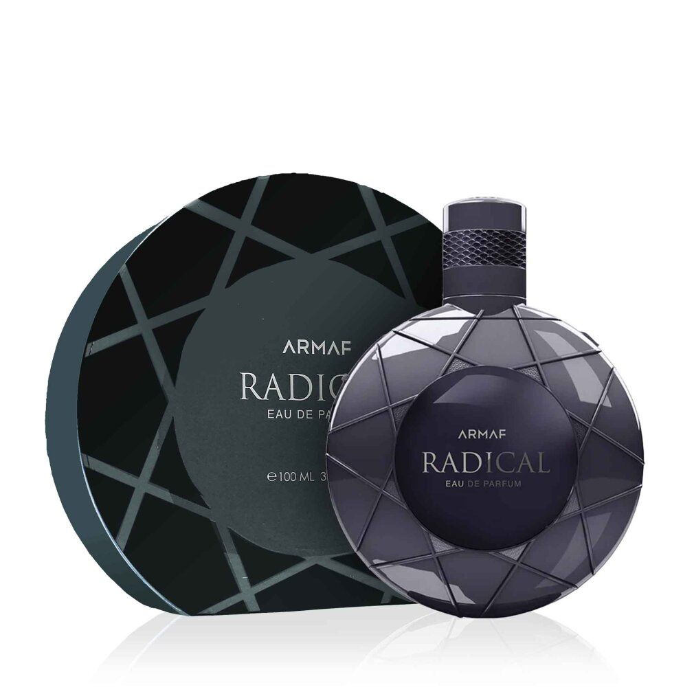 Flasche und Karton. Flasche: rund, dunkelgrau, geometrisches Design. Karton: rund, dunkelgrau, geometrisches Muster. Aufschrift: Armaf Radical.
