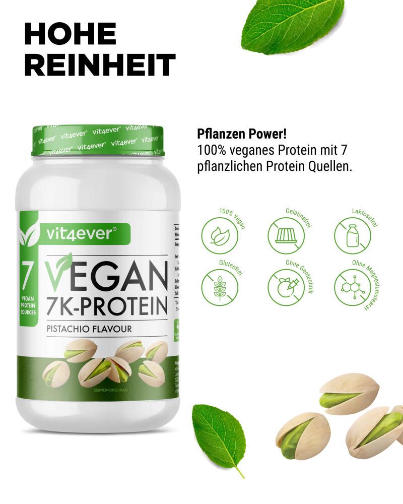 Vit4ever-Proteinpulver-Behälter mit Siegeln. Text: Hohe Reinheit. 100% veganes Protein mit 7 pflanzlichen Proteinquellen. Ohne Gelatine.