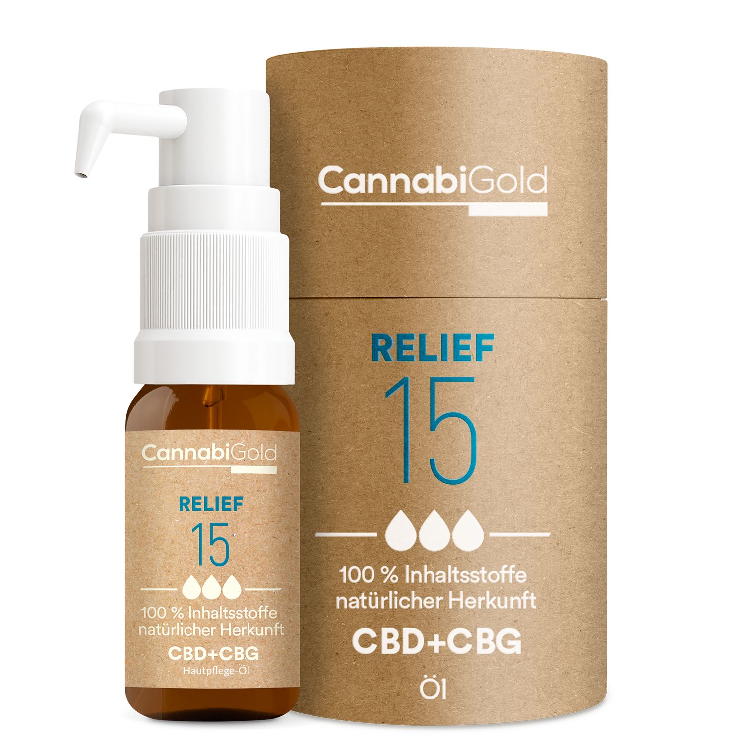 CannabiGold RELIEF 15 CBD+CBG Hautpflege-Öl in brauner Glasflasche mit weißem Pumpspender, neben Pappröhre.