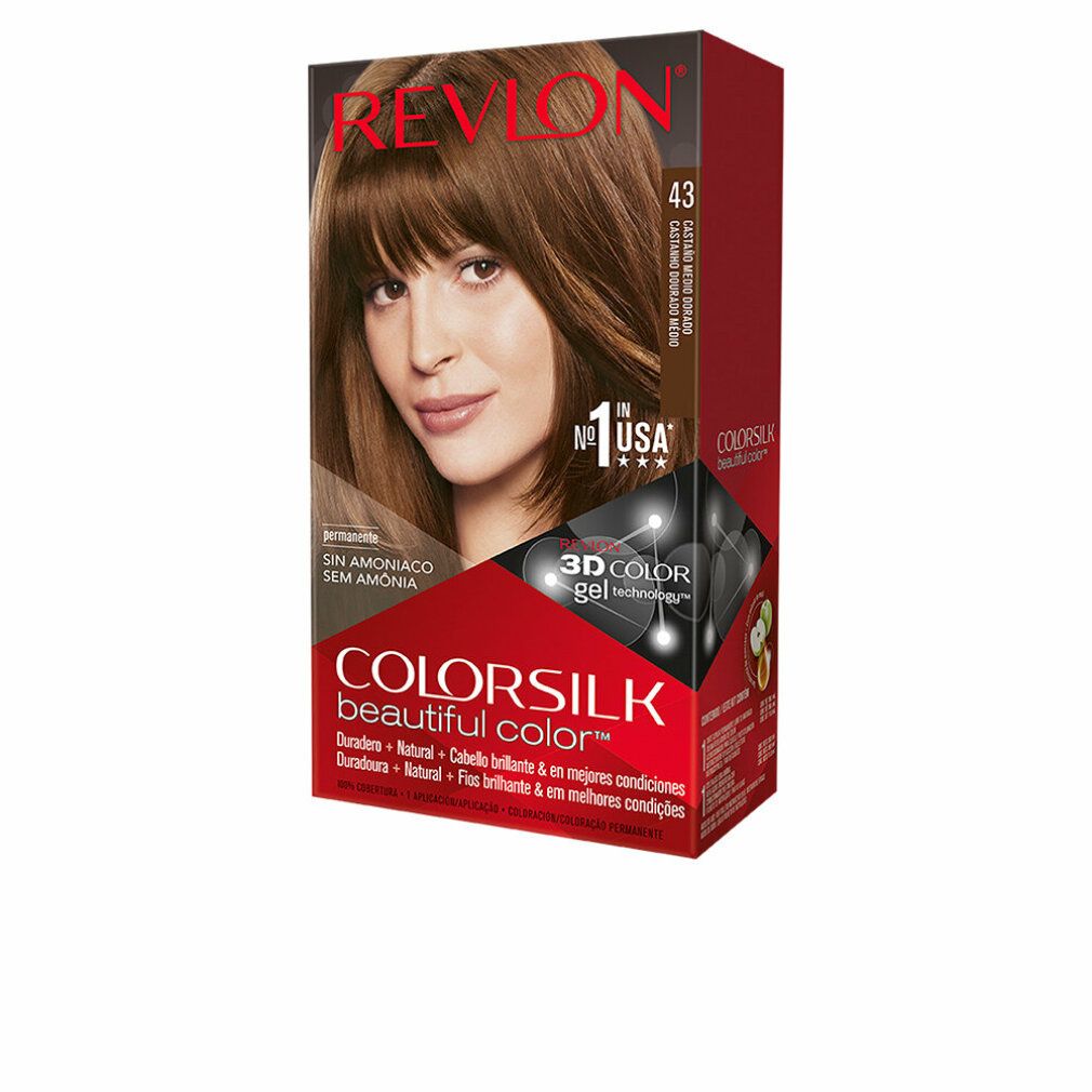 Revlon Colorsilk Haarfarbe, Farbton 43 Medium Golden Brown. Verpackung mit Abbildung einer Frau mit braunem Haar. Text: Sin amoniaco.