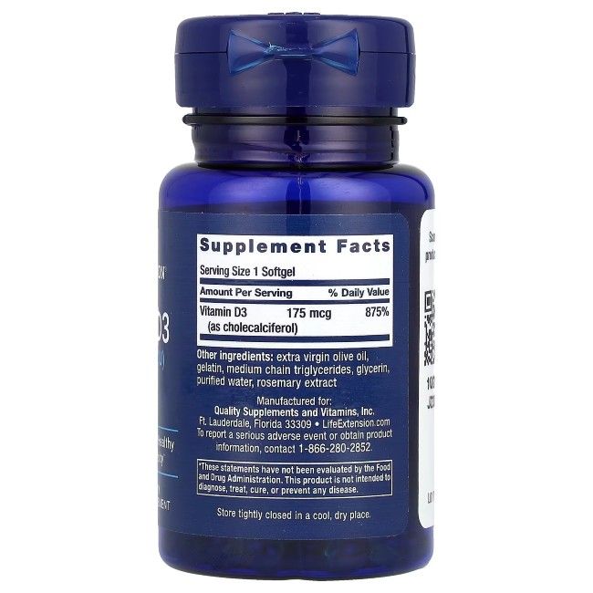 Rückseite der Life Extension Vitamin D3 7000 IE Flasche mit Nährwertangaben.