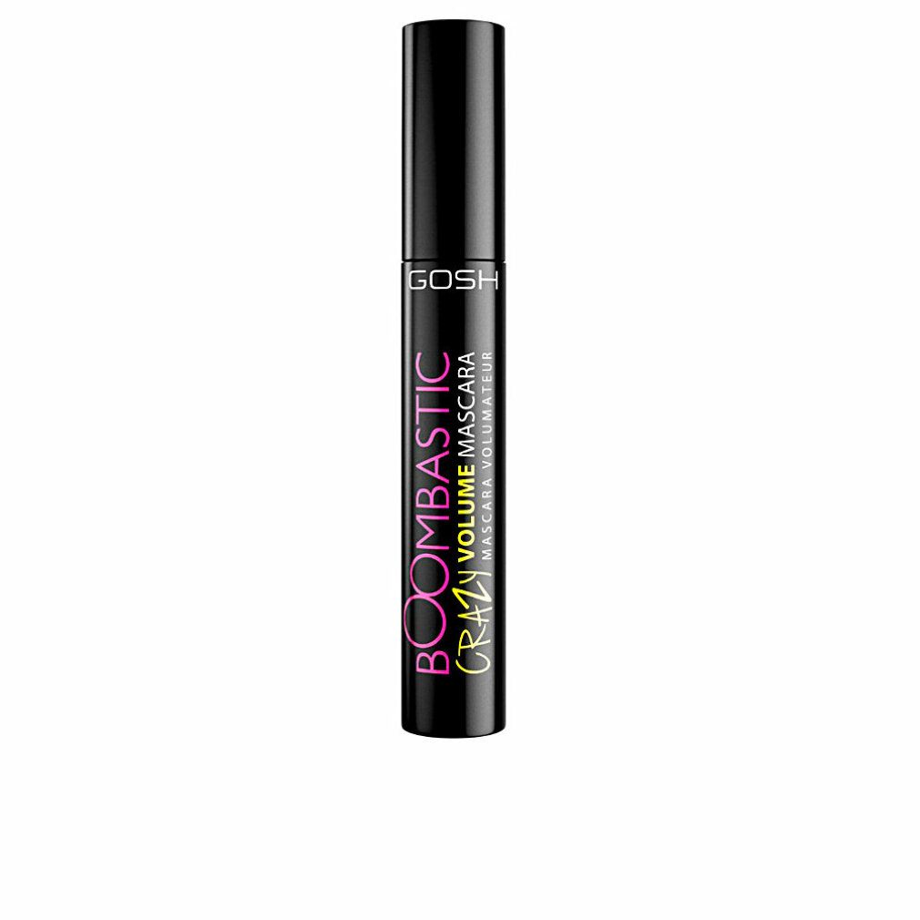 Schwarze Mascaratube mit Schriftzug GOSH, BOOMBASTIC CRAZY VOLUME MASCARA. Schwarzer Deckel. Weißer Hintergrund.