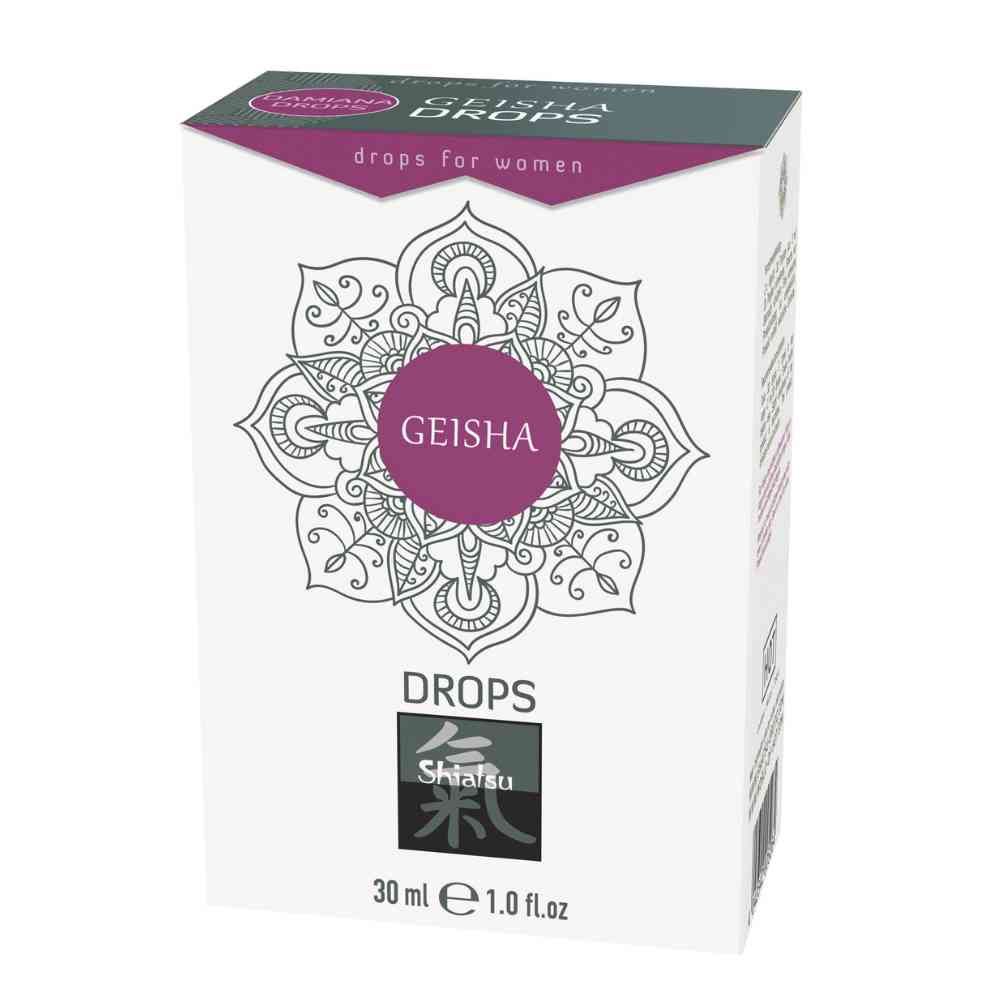 Weiße Schachtel mit lila Akzenten. Aufschrift: Geisha Drops, Shiatsu, Drops, 30 ml, 1.0 fl oz.
