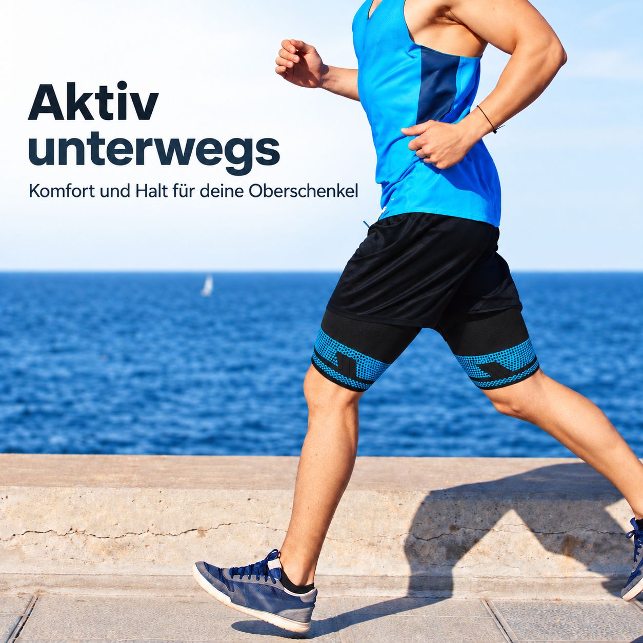 Läufer mit AGILE NOW Oberschenkelbandagen am Strand.