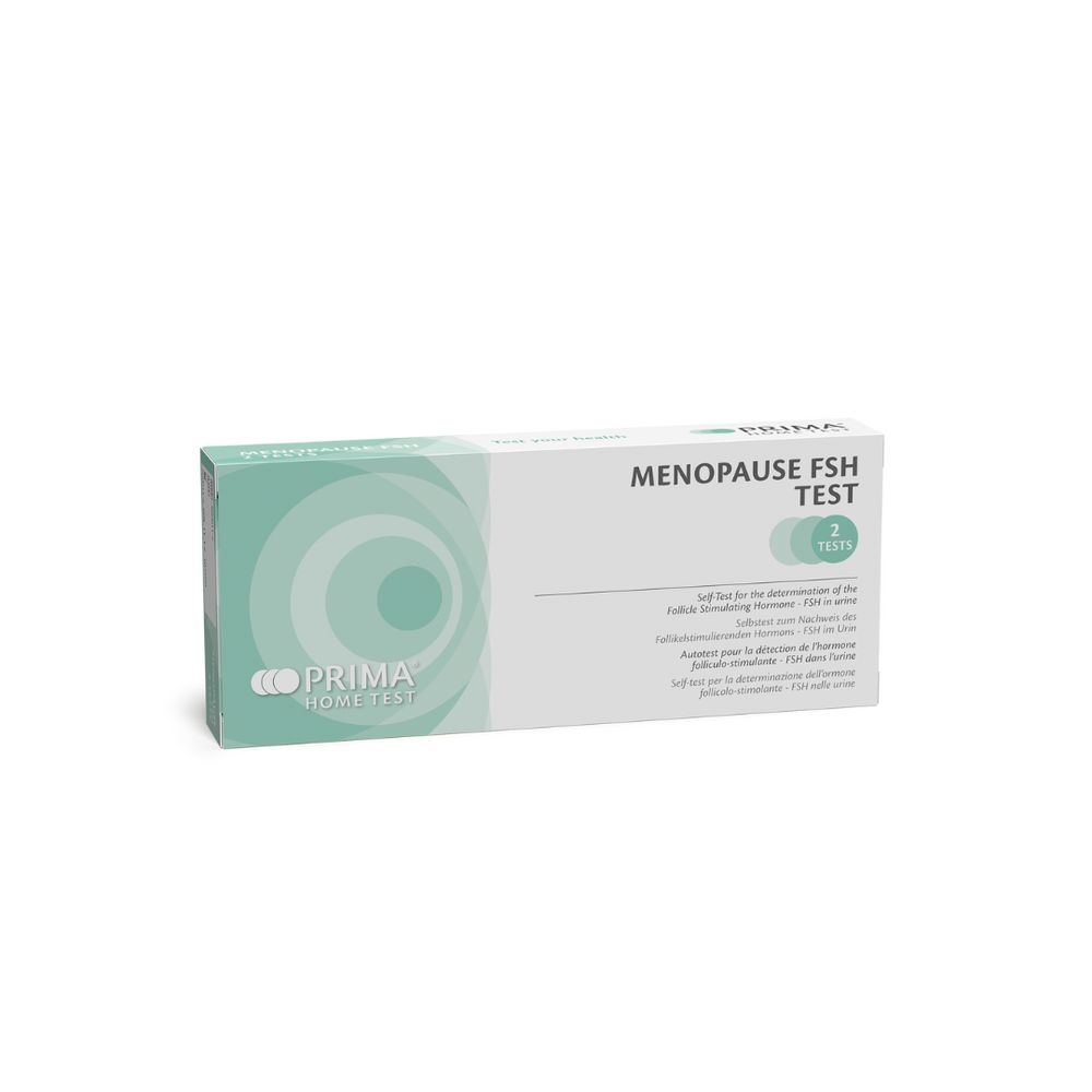 Verpackung des PRIMA Menopause FSH Tests. Weiß-grüne Schachtel mit Produktnamen und Logo. Enthält 2 Tests.