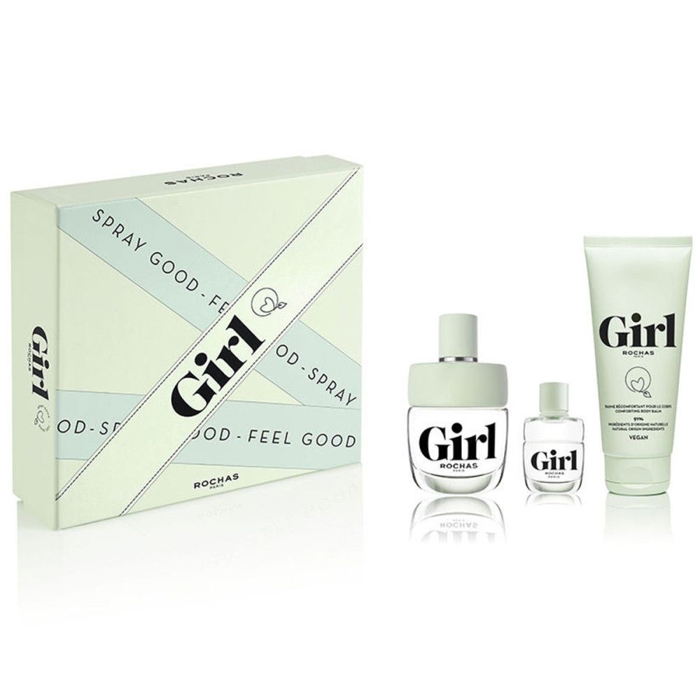 Geschenkset mit drei Produkten: eine Schachtel, zwei Parfümflaschen und eine Tube. Auf allen Produkten steht "Girl" und "Rochas".