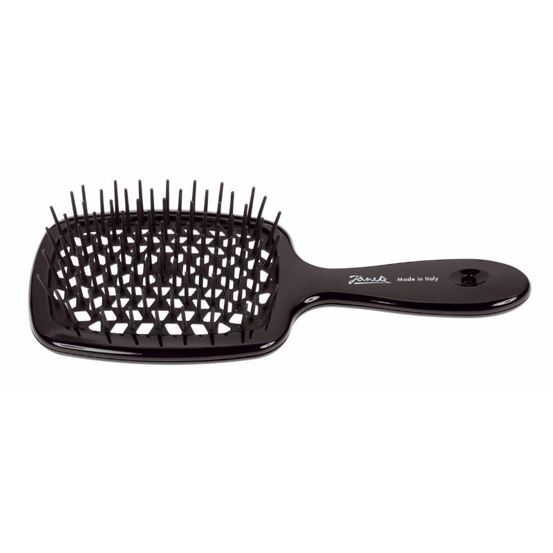 Schwarze Haarbürste mit Griff. Rechteckiger Bürstenkopf mit Stiften. Marke Janeke, Made in Italy.