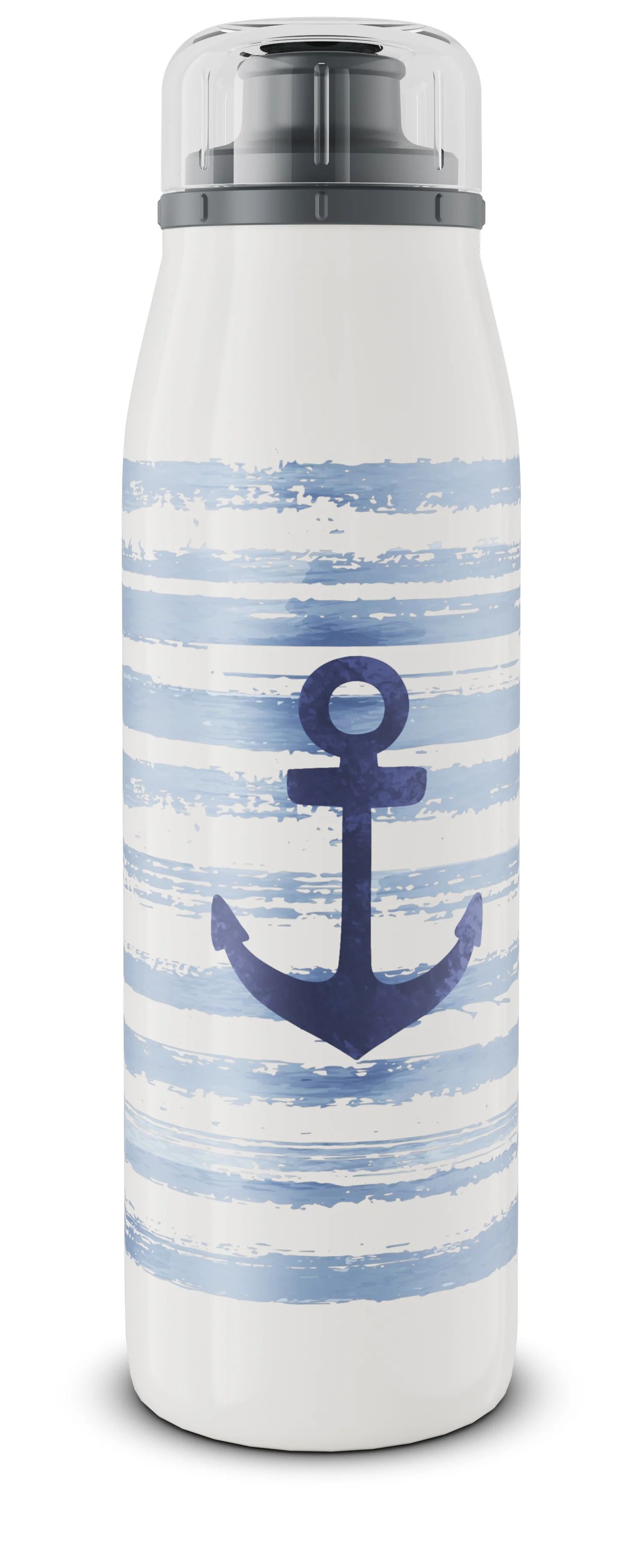 Weiße Trinkflasche mit blauem Anker und Streifen, Deckel aufgesetzt.