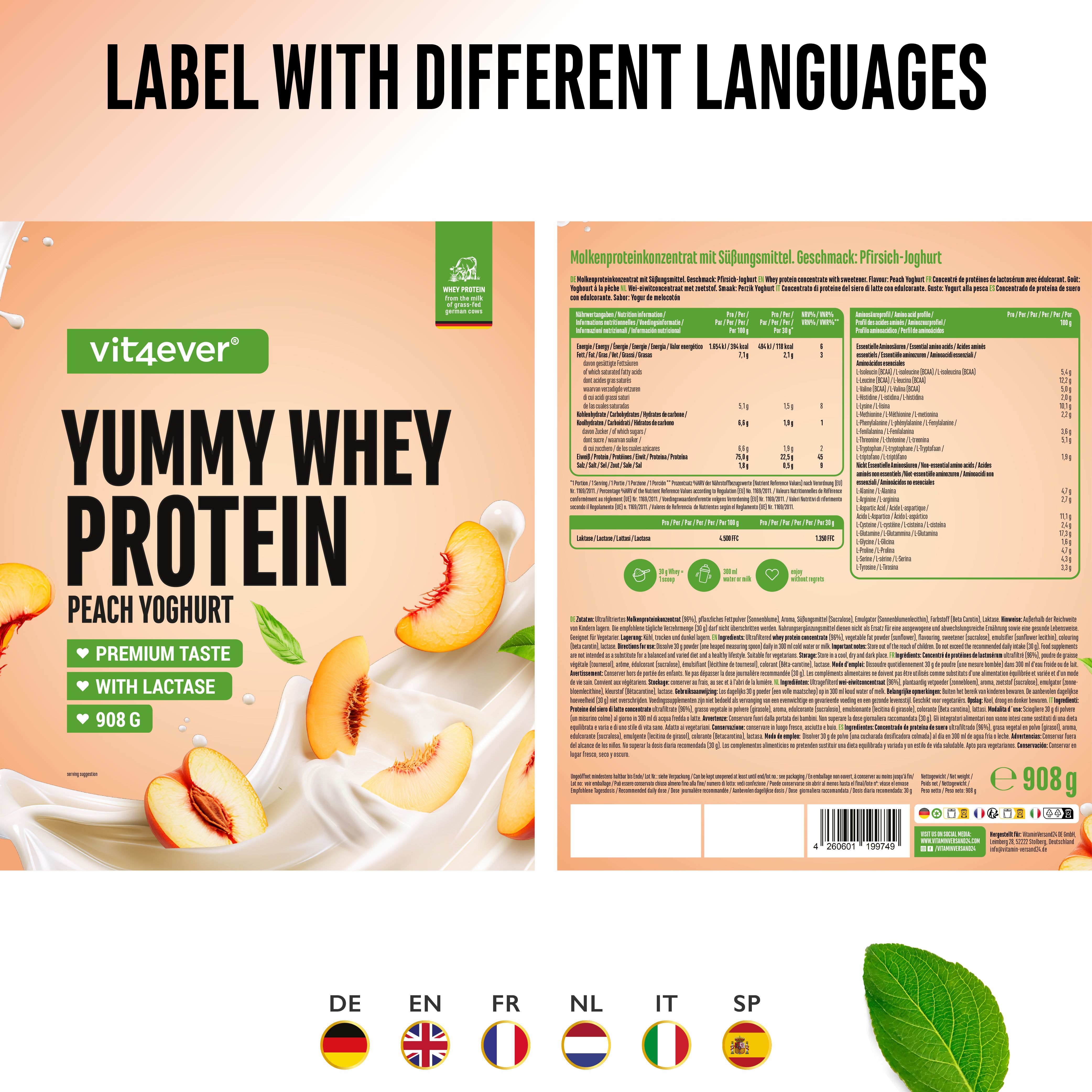 Yummy Whey Protein Verpackung mit verschiedenen Sprachversionen. DE, EN, FR, NL, IT, SP. Pfirsichstücke und Blätter.