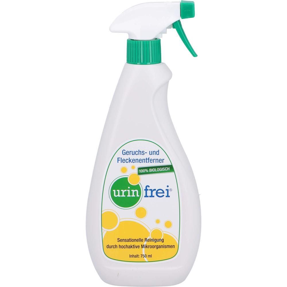 Weiße Sprühflasche mit grünem Sprühkopf. Aufschrift "urin frei". Gelbe Kreise und Text. "Geruchs- und Fleckenentferner".