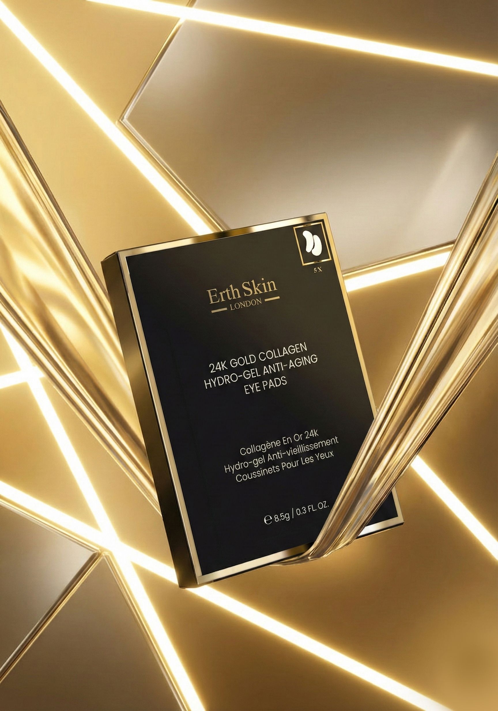 Schwarze Verpackung mit goldener Schrift für 24K Gold Collagen Hydro-Gel Augenpads.