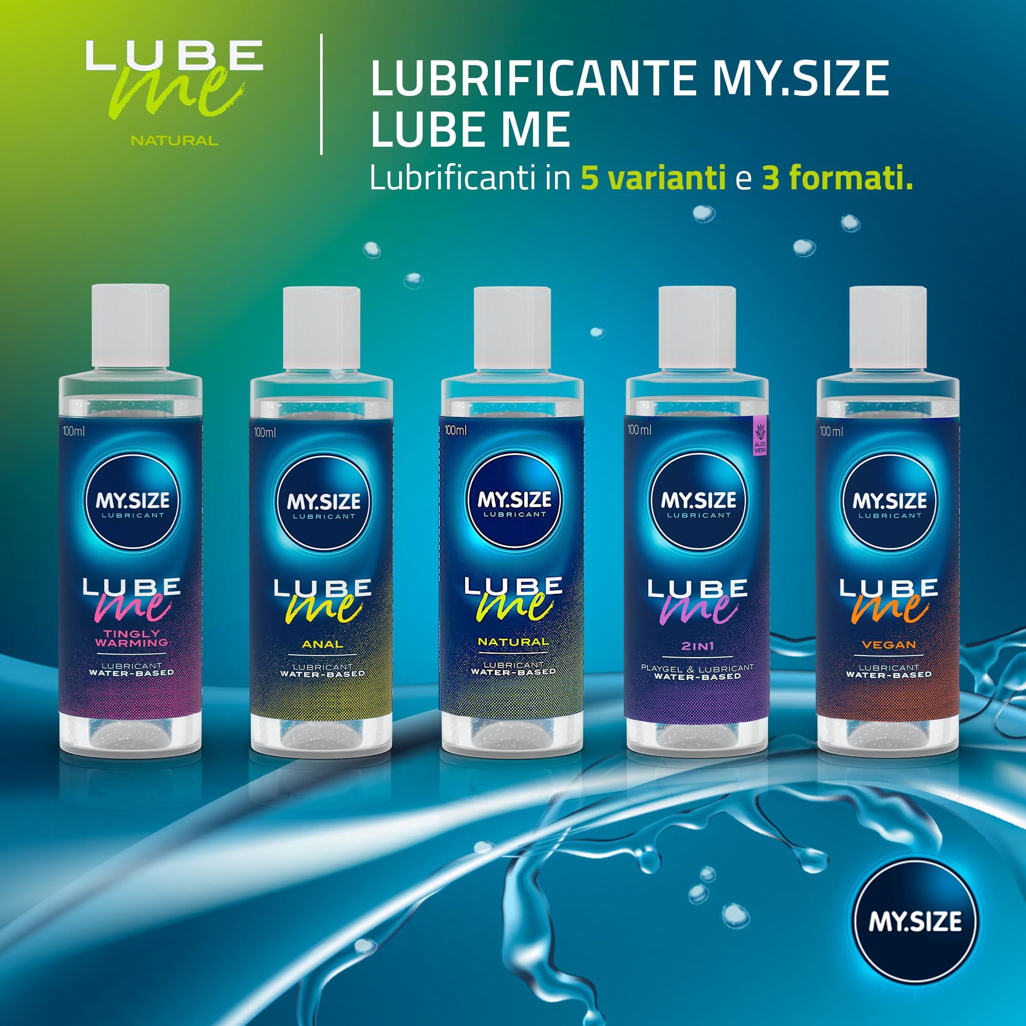 Fünf Flaschen My.Size Lube Me Gleitmittel in verschiedenen Varianten: Tingling, Anal, Natural, 2in1, Vegan.