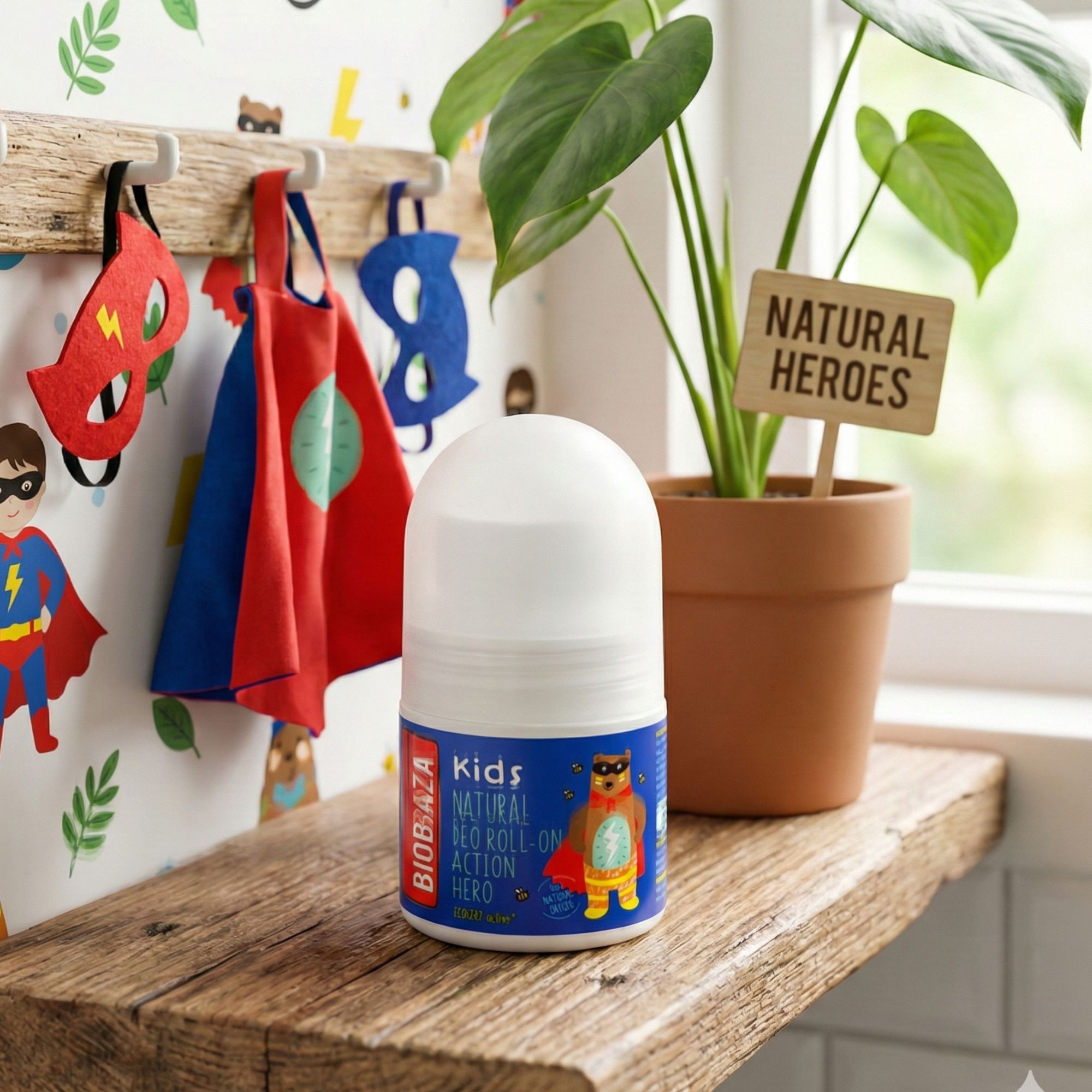 Deo-Rollon für Kinder. Weißer Behälter mit blauem Etikett. Aufschrift: Kids, Natural Deo Roll-on Action Hero. Auf Regal mit Dekoration.