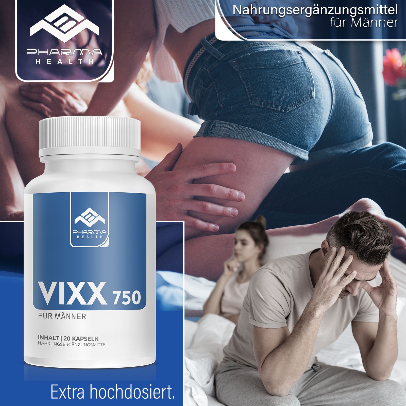 Flasche mit blauem Etikett. Aufschrift: Vixx 750 für Männer. 20 Kapseln. Hintergrund: Paare im Bett. Text: Extra hochdosiert.