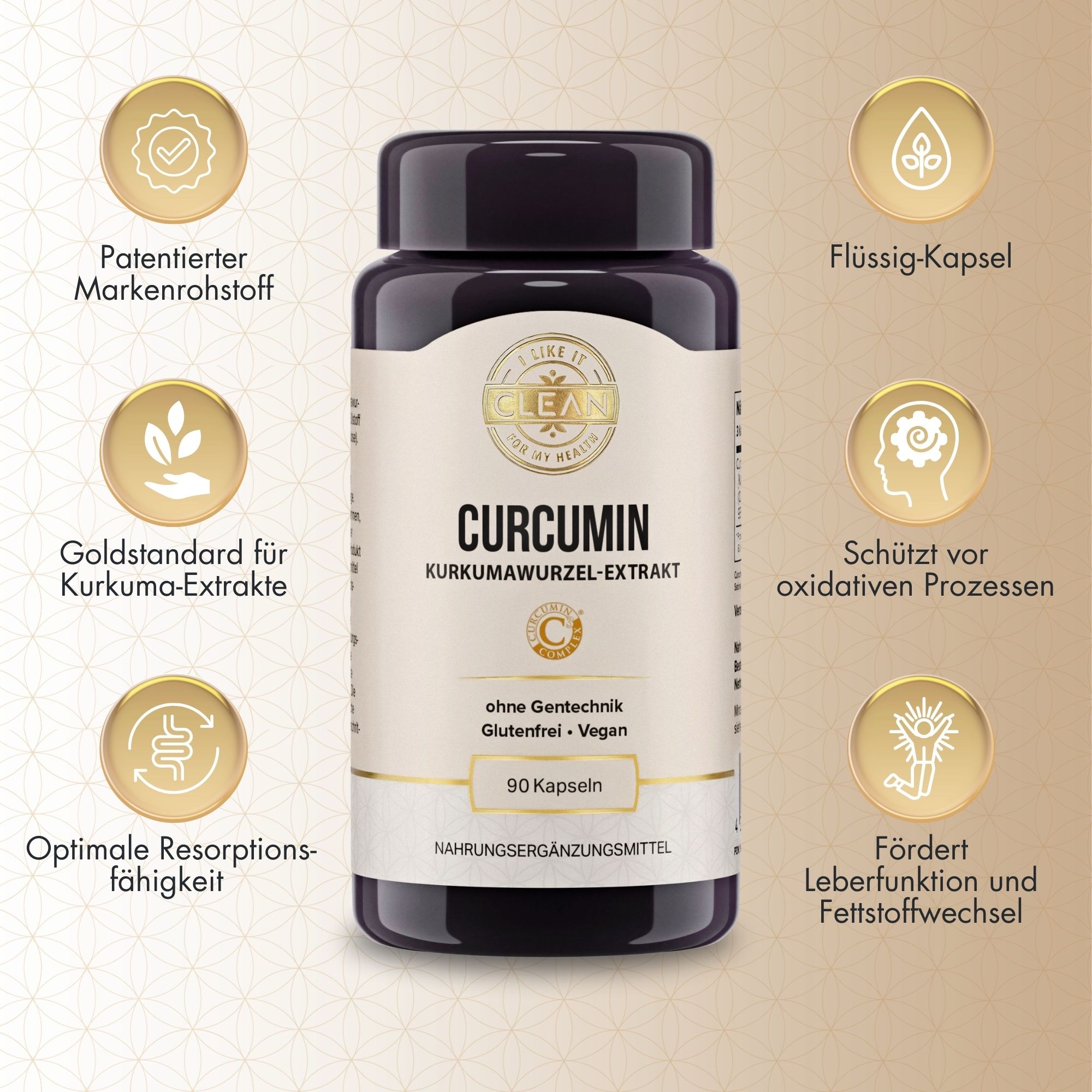 Produktabbildung mit Text und Icons. CURCUMIN, 90 Kapseln. Vegan, glutenfrei, ohne Gentechnik. Fördert Leberfunktion.