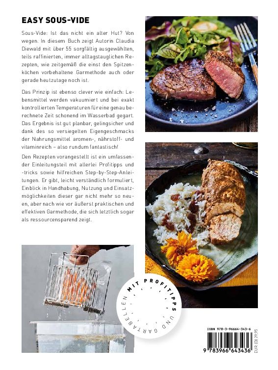 Rückseite des Buches "Easy Sous-Vide". Text und Fotos von Gerichten. ISBN-Code und Verlagshinweis.