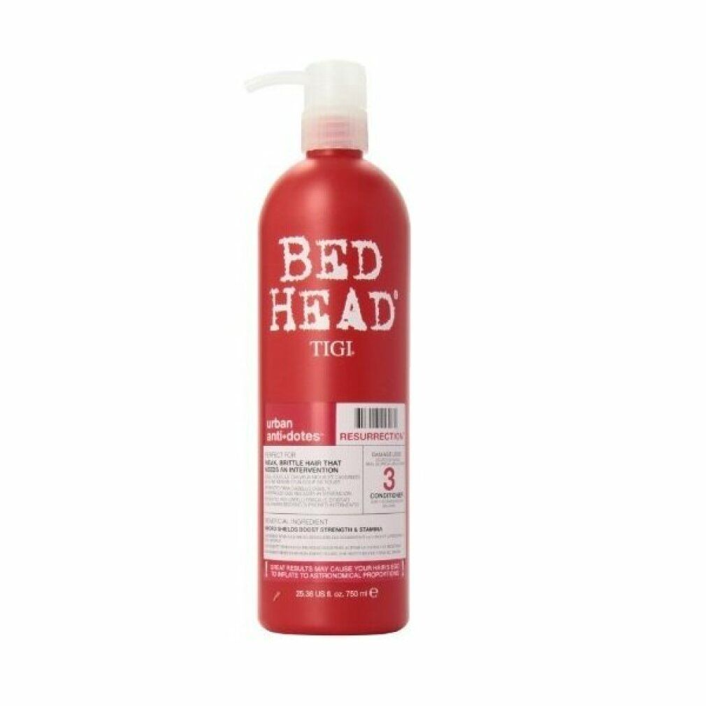 Rote Flasche mit Pumpe. Aufschrift: BED HEAD TIGI. Etikett mit Produktinformationen und Nummer 3.