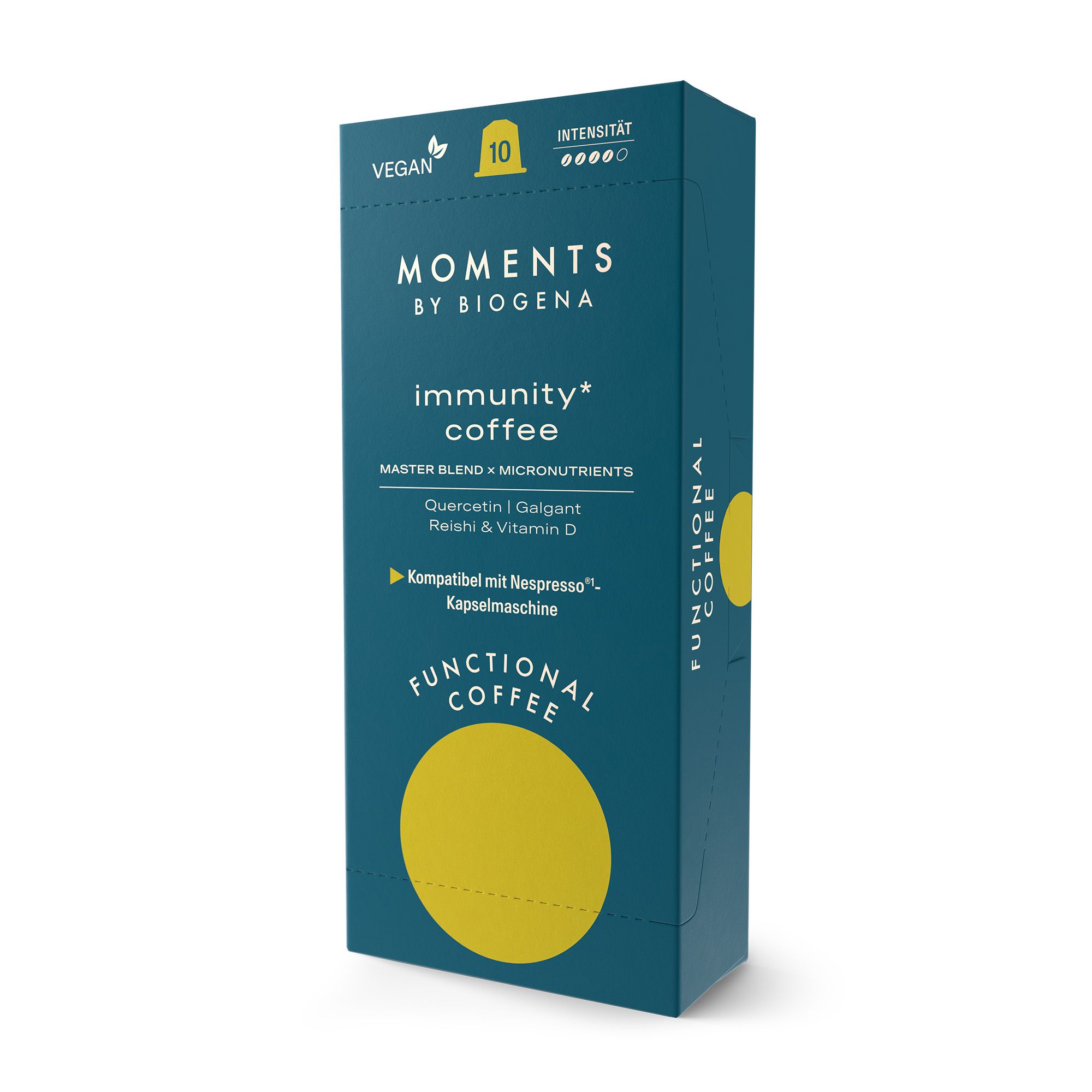 Blau-grüne Kartonverpackung mit "Moments by BIOGENA immunity* coffee". Enthält 10 Kapseln. Vegan. "Functional Coffee" und weitere Informationen.