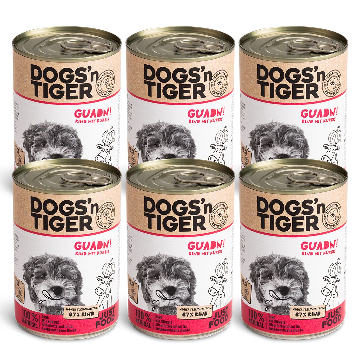 Sechs Dosen Hundefutter, "Dogs'n Tiger", Rind & Kürbis. Aufdrucke: "GUADN!", Hundefoto, 100% Natural.