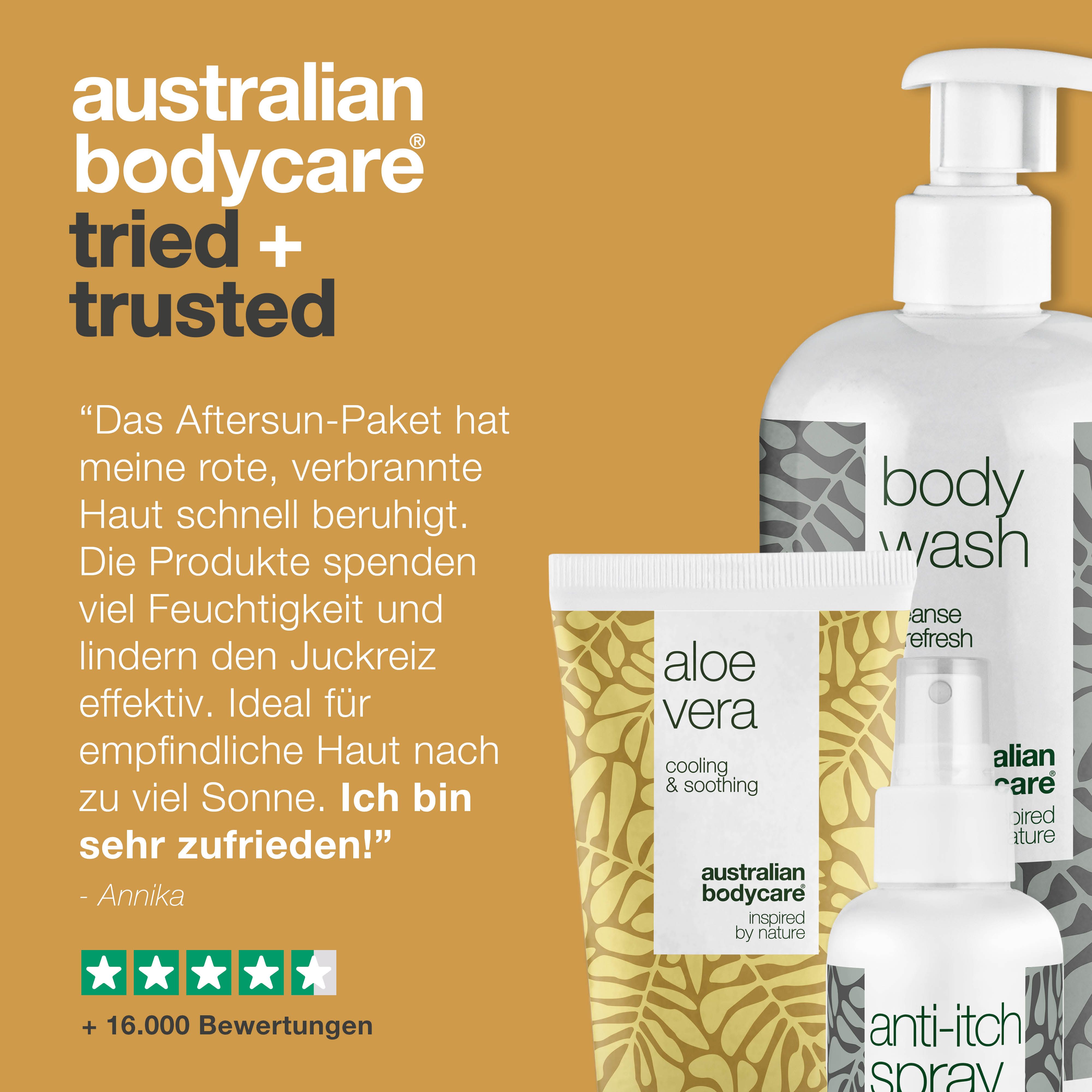 Drei Produkte: Body Wash, Aloe Vera Gel und Anti-Juckreiz Spray. Text: Getestet und vertraut.